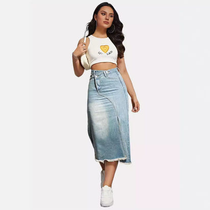 American Retro Denim Split Stitching Skirt