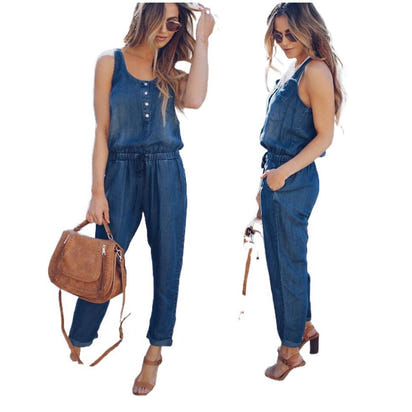 Women's fashionable, form-fitting, casual, cinched-waist vest and denim jumpsuit