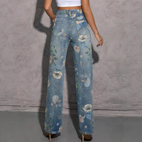 European And American Ladies Printed Pattern Casual Straight-leg Denim Trousers