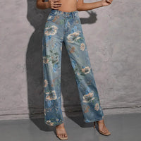 European And American Ladies Printed Pattern Casual Straight-leg Denim Trousers