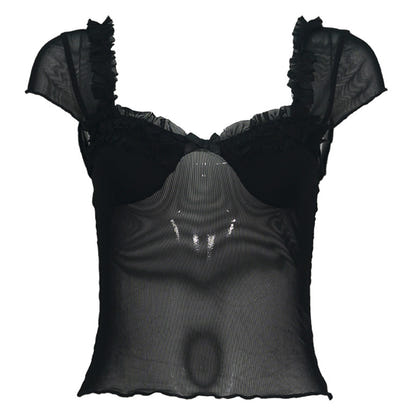 Trendy short-sleeved, square-neck, black silk mesh, slimming, crop exposing, versatile T-shirt for women