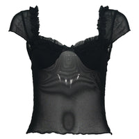 Trendy short-sleeved, square-neck, black silk mesh, slimming, crop exposing, versatile T-shirt for women