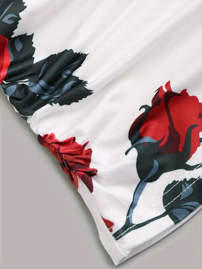 Spring And Summer New Women's Rose Print Pleated Suspender Cross Tank Top