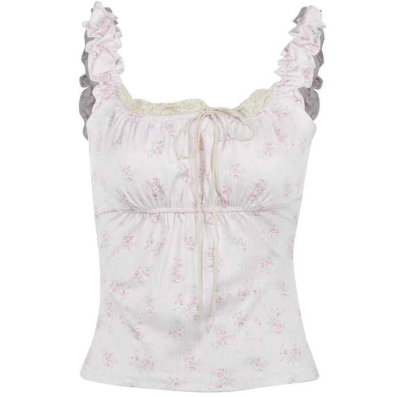 Floral bow strappy top for female bm, pure and elegant, slim and fashionable, gentle and versatile casual top