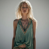 Women's Bohemia Ethnic Art Linen V-neek Tank Top