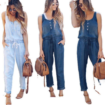 Women's fashionable, form-fitting, casual, cinched-waist vest and denim jumpsuit