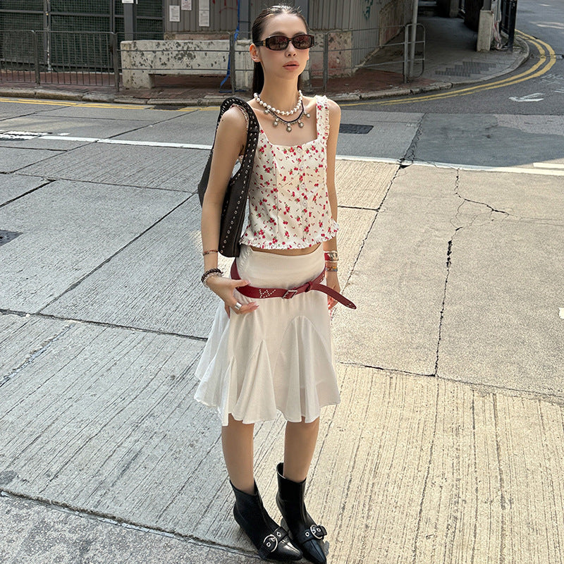 MMFISH stylish and chic flower-printed poplin square neck button design pressure-sensitive pleated retro halter 25C153