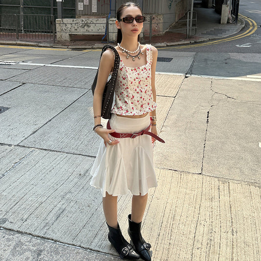 MMFISH stylish and chic flower-printed poplin square neck button design pressure-sensitive pleated retro halter 25C153