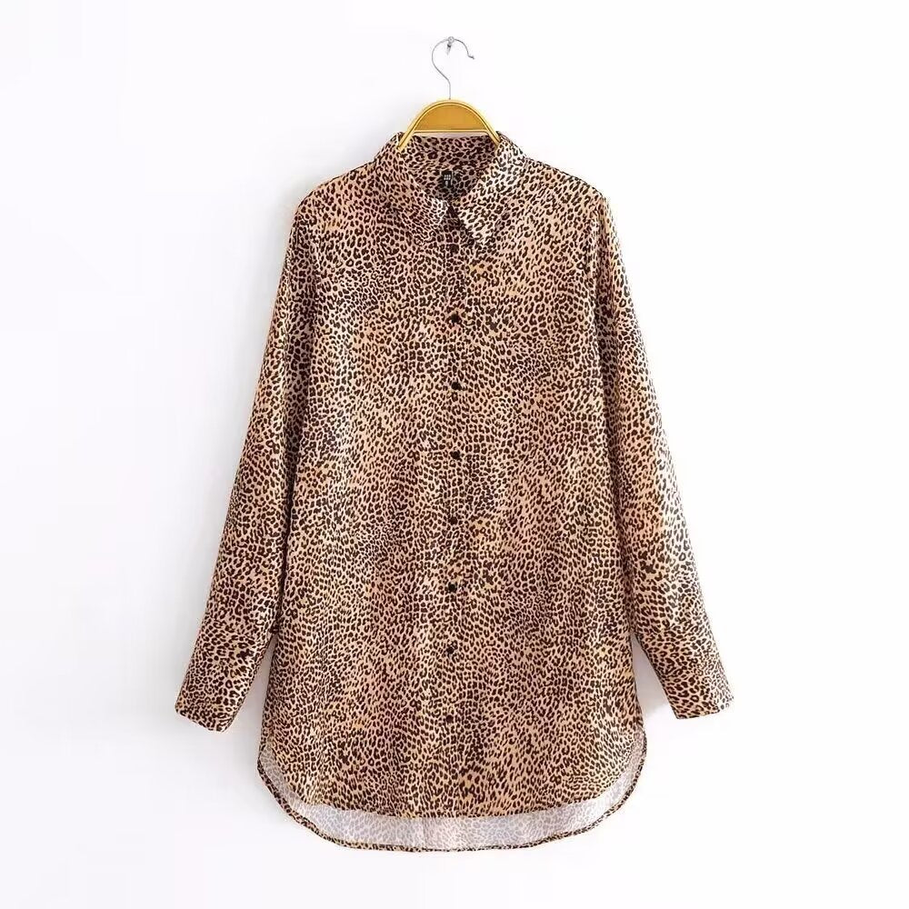 Women's Animal Print Satin Texture Long Sleeve Shirt