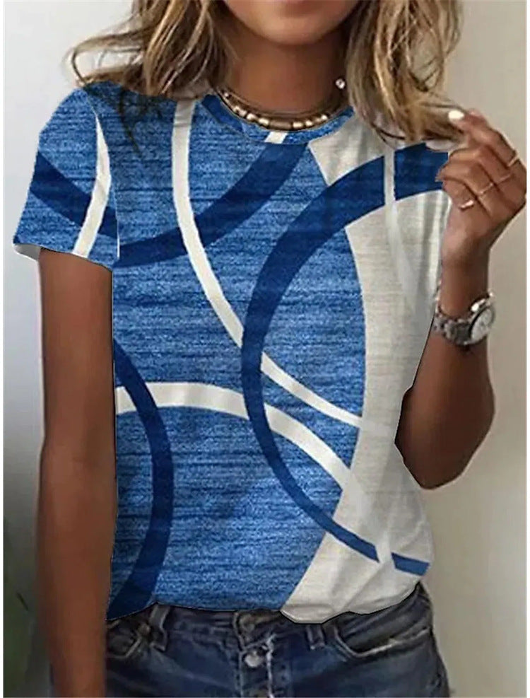 Geometric Retro Printed Round Neck Short Sleeve T-shirt Women's Top