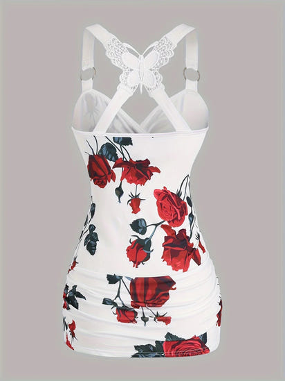 Spring And Summer New Women's Rose Print Pleated Suspender Cross Tank Top