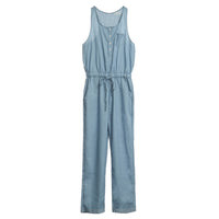 Women's fashionable, form-fitting, casual, cinched-waist vest and denim jumpsuit