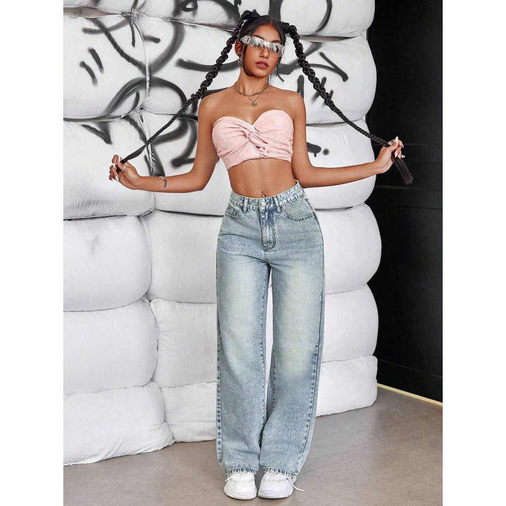 Women's drape jeans, high-waisted wide-leg loose straight-leg long pants for women