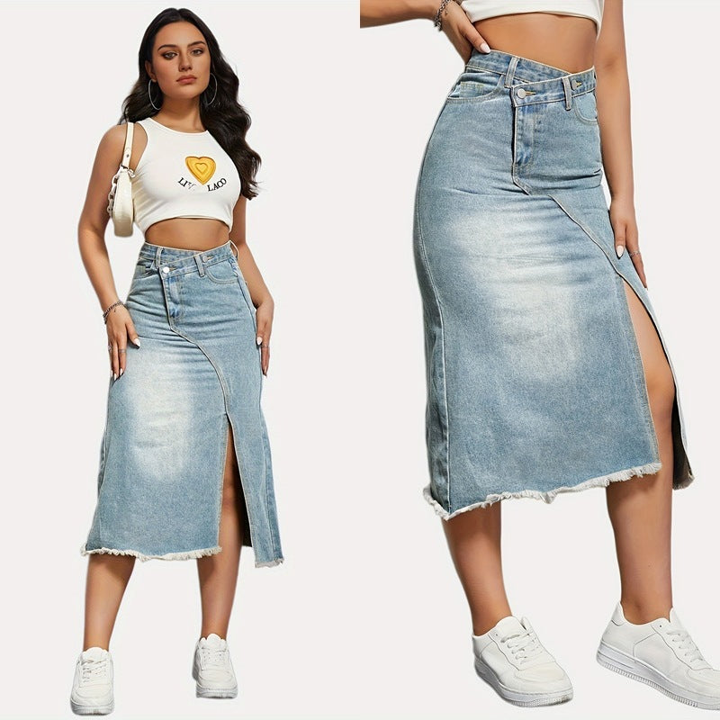 American Retro Denim Split Stitching Skirt