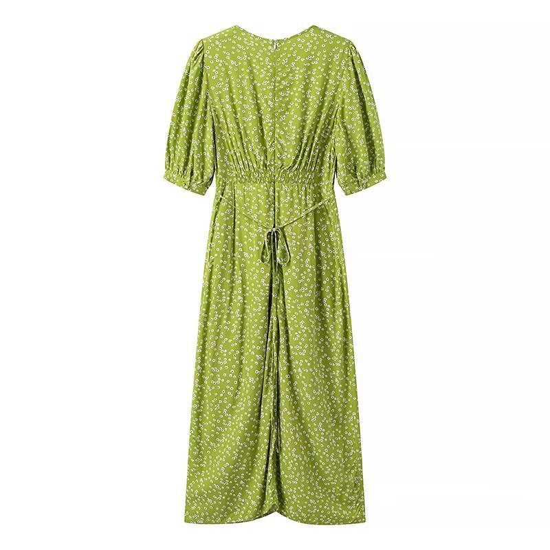 Fashion V-neck Puff Sleeve Green Tie-waist Dress For Women