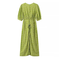 Fashion V-neck Puff Sleeve Green Tie-waist Dress For Women