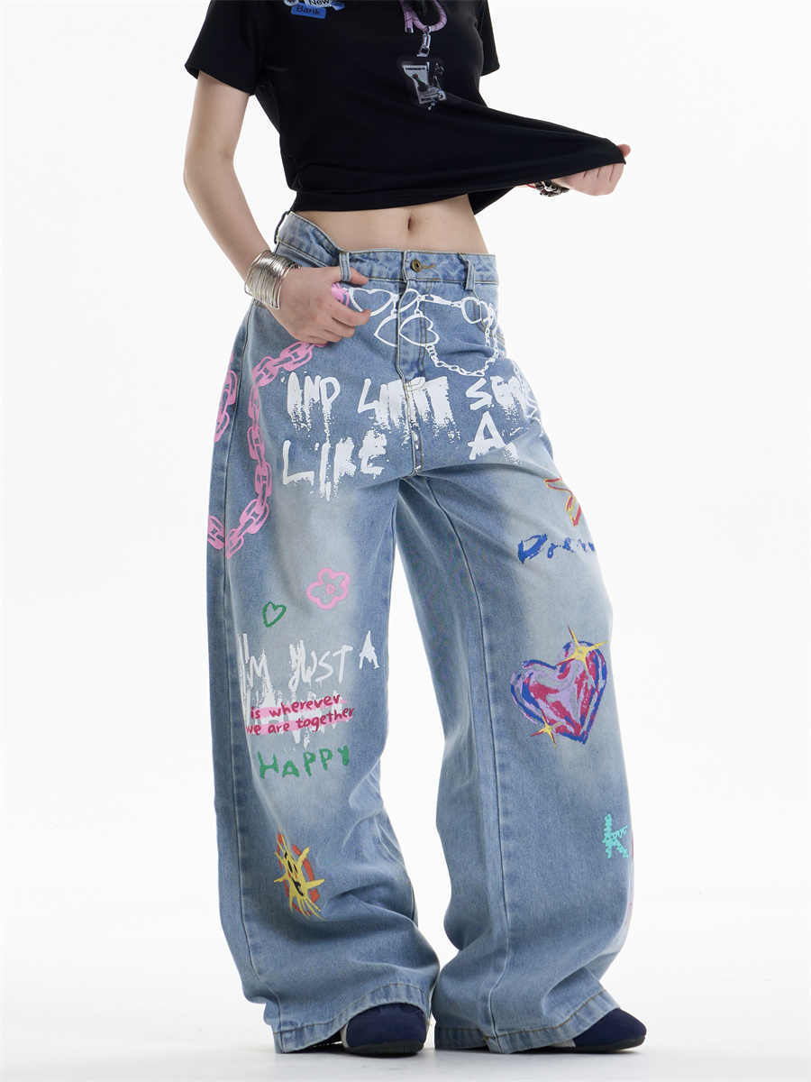 Waist Chain Printed Jeans Women's Straight Wide-leg Pants