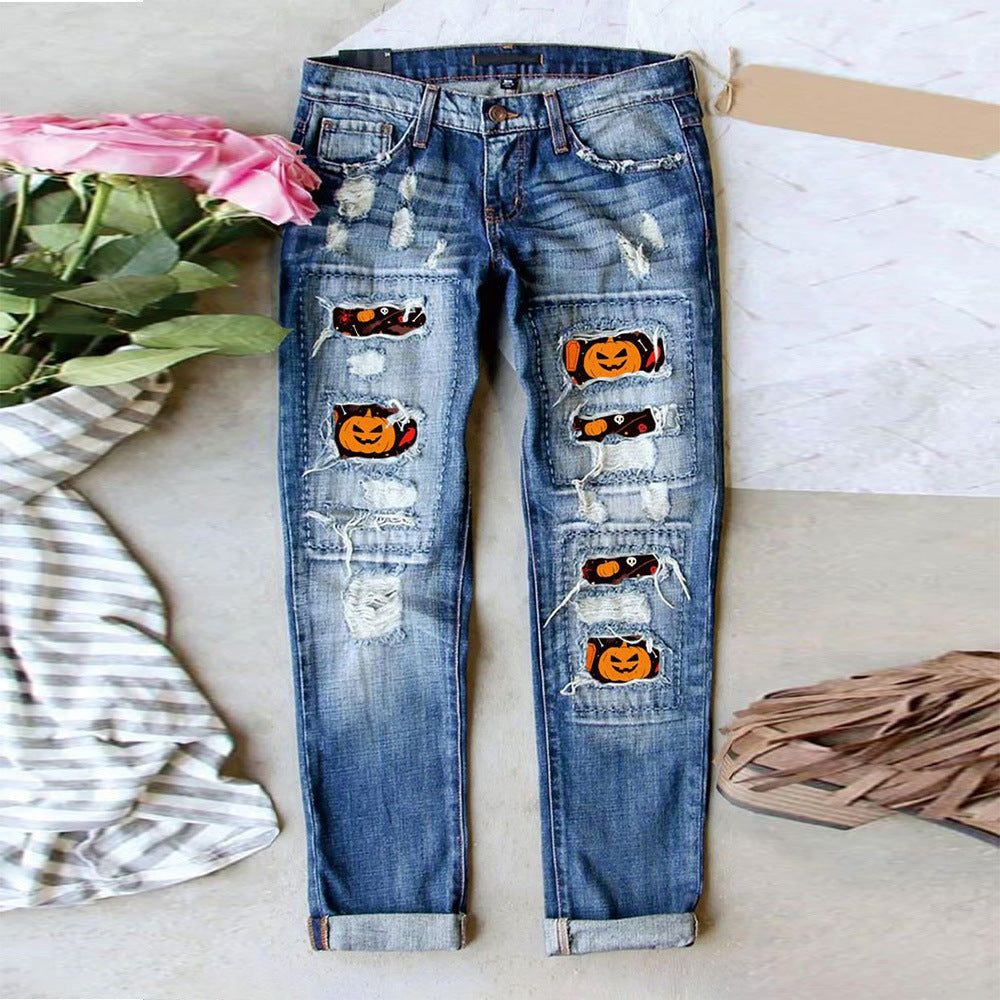 Women's Jeans Ripped Print Patch
