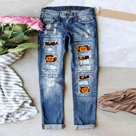 Women's Jeans Ripped Print Patch