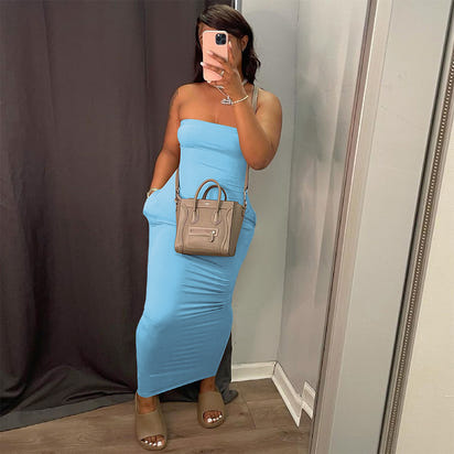 S390151 Women's  solid-color strapless dress, a fashionable and elegant long dress for women