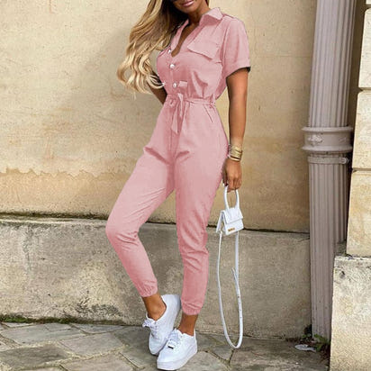 Women's casual lapel printed belt workwear jumpsuit