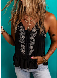 Black Floral Embroidery Ruffled Spaghetti Straps Tank Top