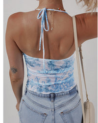Sky Blue Random Printed Mesh Bow Detail Halterneck Tank Top