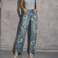 European And American Ladies Printed Pattern Casual Straight-leg Denim Trousers