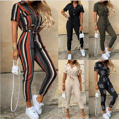 Women's casual lapel printed belt workwear jumpsuit
