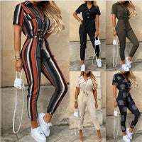 Women's casual lapel printed belt workwear jumpsuit