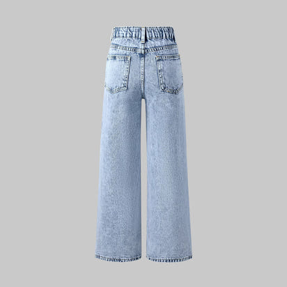 Snowflake Water Washed Hole Printed Wide-leg Jeans