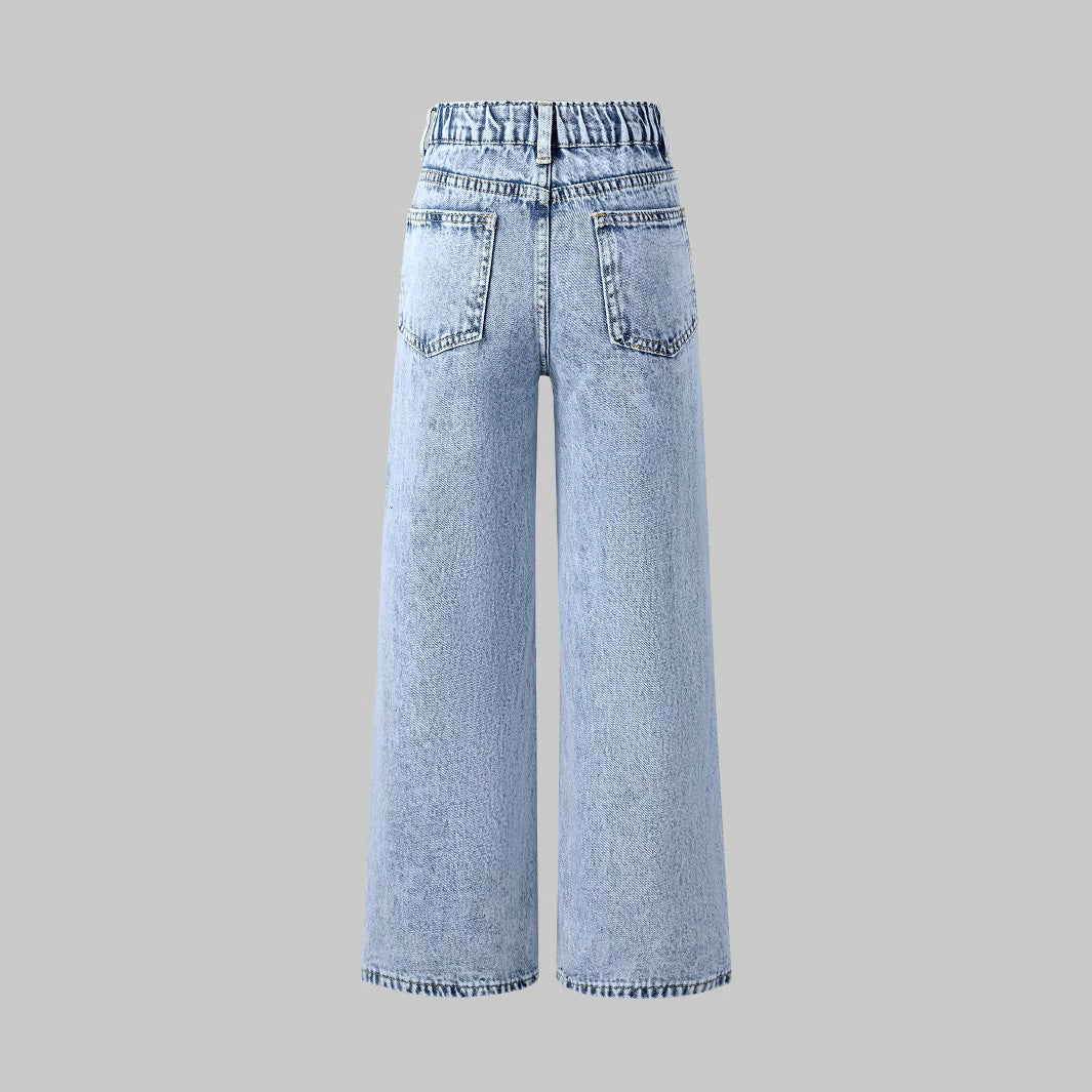 Snowflake Water Washed Hole Printed Wide-leg Jeans