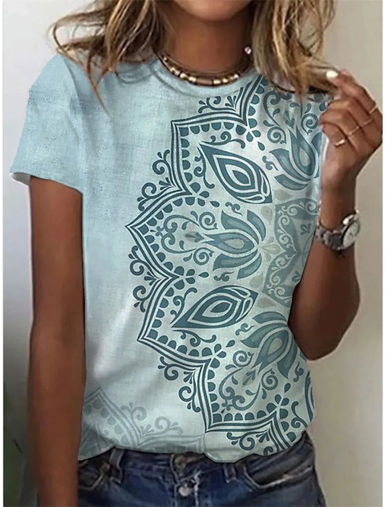 Geometric Retro Printed Round Neck Short Sleeve T-shirt Women's Top