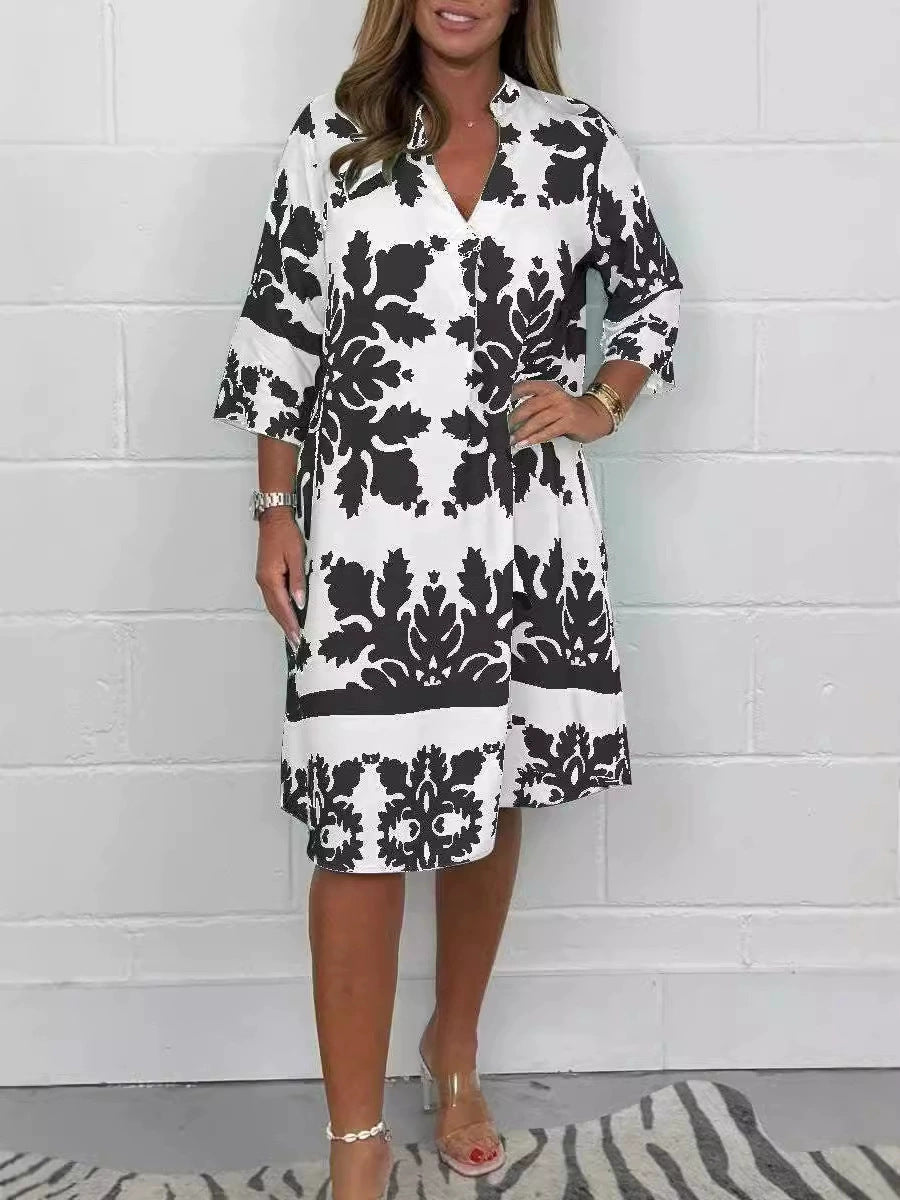 Autumn V-neck printed three-quarter sleeve floral women's one-piece dress