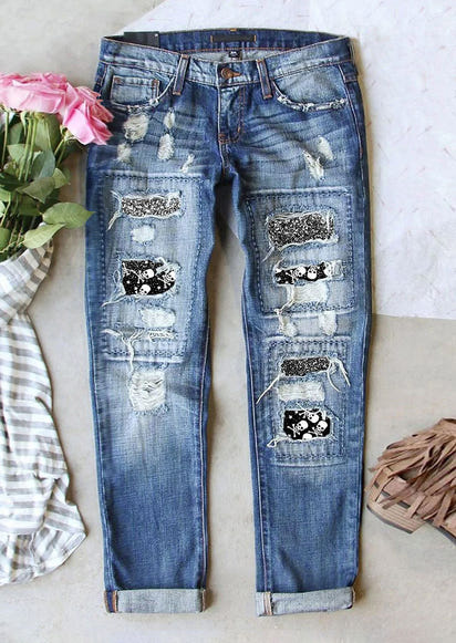 Women's Jeans Ripped Print Patch