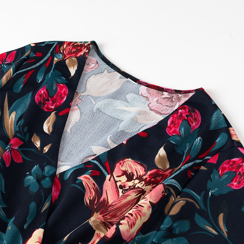 European And American Sexy Deep V Fashion Printed Shirt Dress