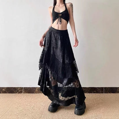 Dark Style Hot Girl Lace Stitching Skirt Irregular