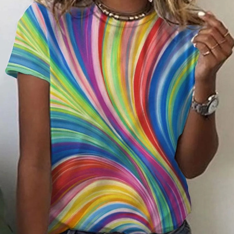 Geometric Retro Printed Round Neck Short Sleeve T-shirt Women's Top