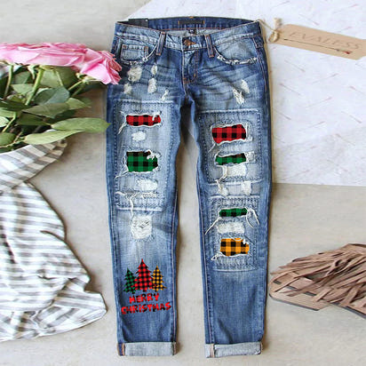Women's Jeans Ripped Print Patch