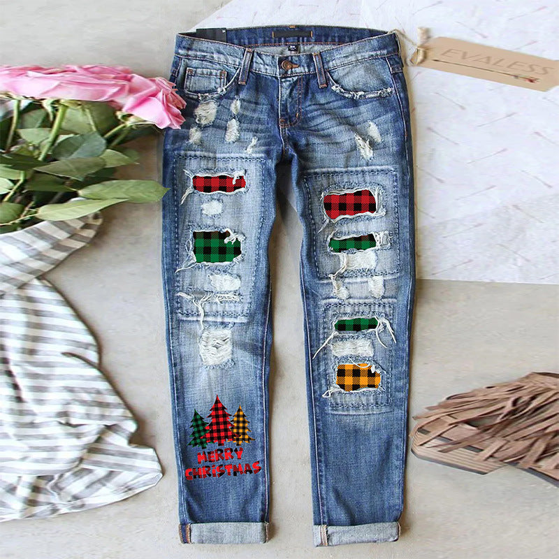 Women's Jeans Ripped Print Patch