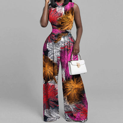 Women's spring fashion casual long pants, slim printed sleeveless jumpsuit